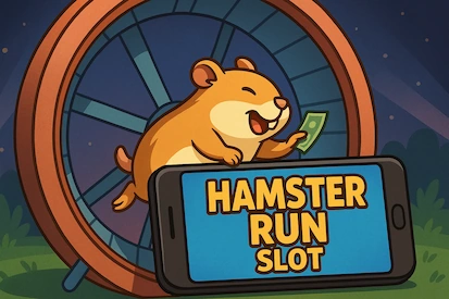 Hámster en una rueda con un teléfono inteligente y una inscripción Hamster Run slot