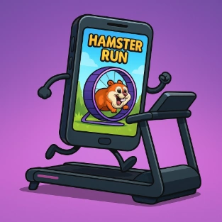 Un teléfono inteligente en una cinta de correr y un juego en él Escape del roedor peludo